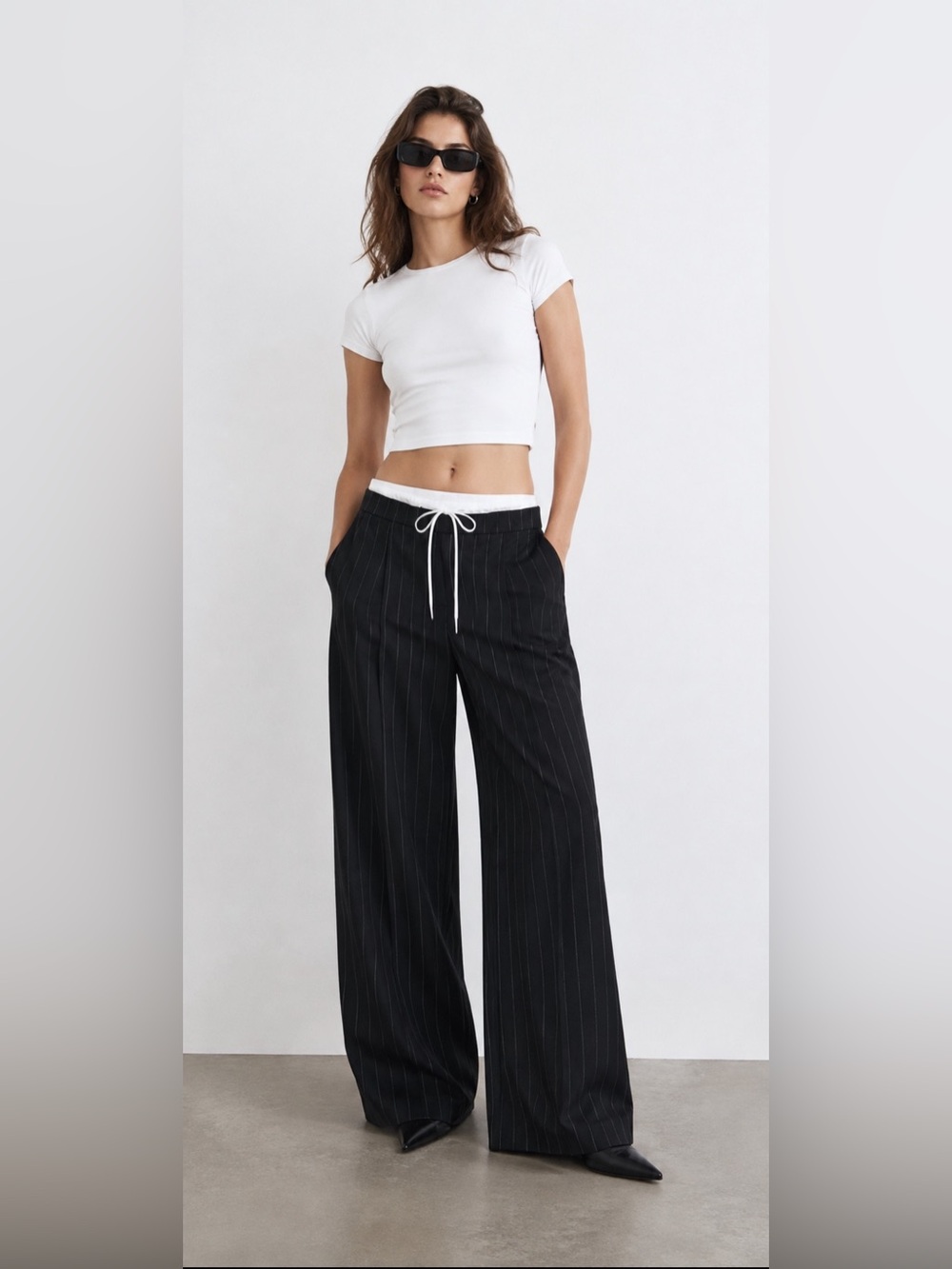 ZARA NWT Pinstripe Wide Leg Pants Double Waistband Black